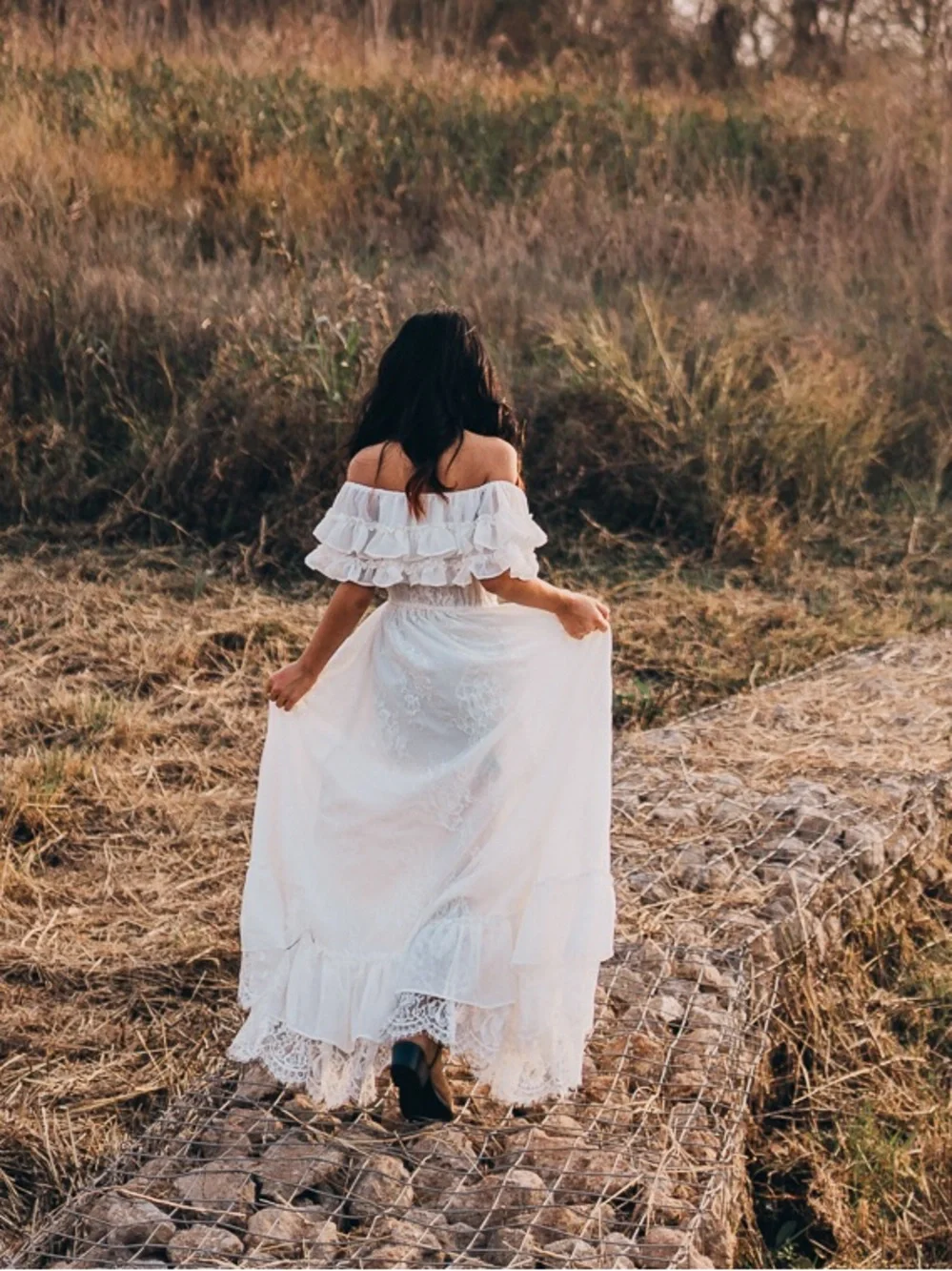Cottagecore bohemian White Off Shoulder Lace High Low Maxi Dress, Size 4/5